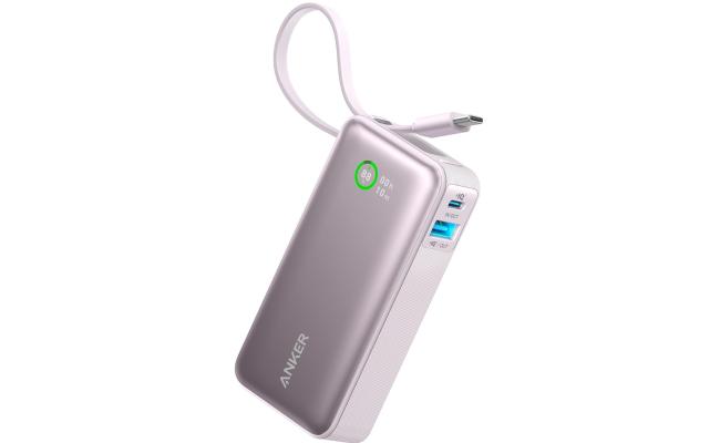 Anker Nano Power Bank, 10,000mAh Portable Charger with Built-In USB-C Cable, 30W Max Output, for iPhone 16/15 Series, MacBook, AirPods, and More - Lilac purple